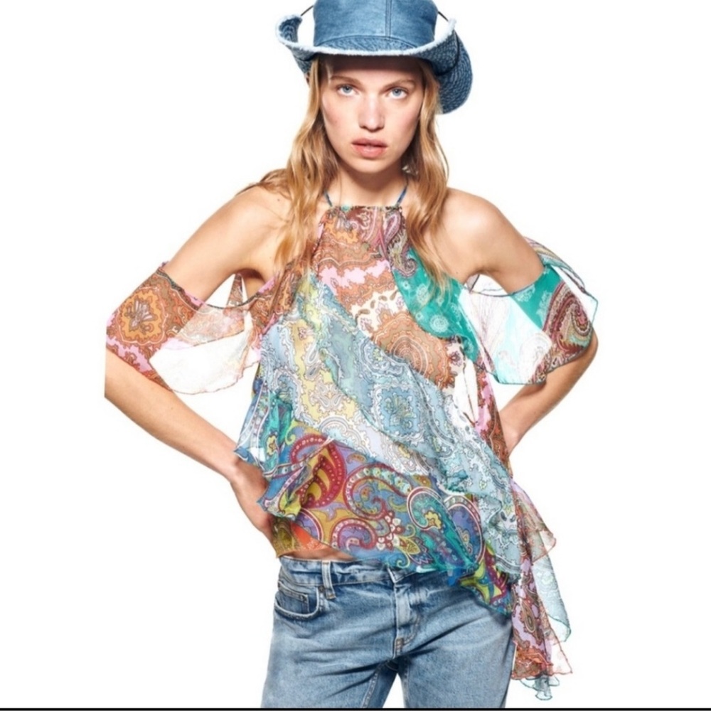 Zara ruffled patchwork flowy top with metallic an… - image 1